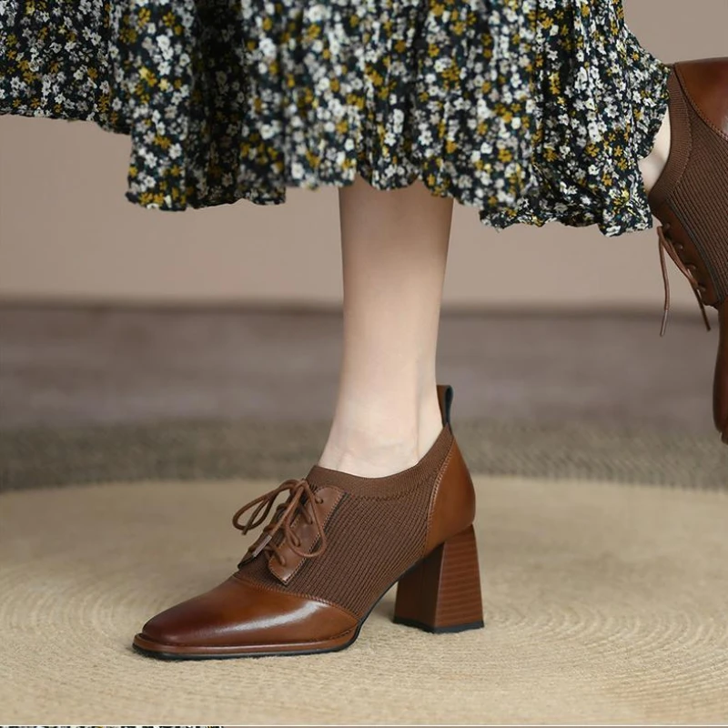 

Новинка 2023, модная универсальная женская кожаная обувь на высоком каблуке, с квадратным носком, со шнуровкой, для весны и осени