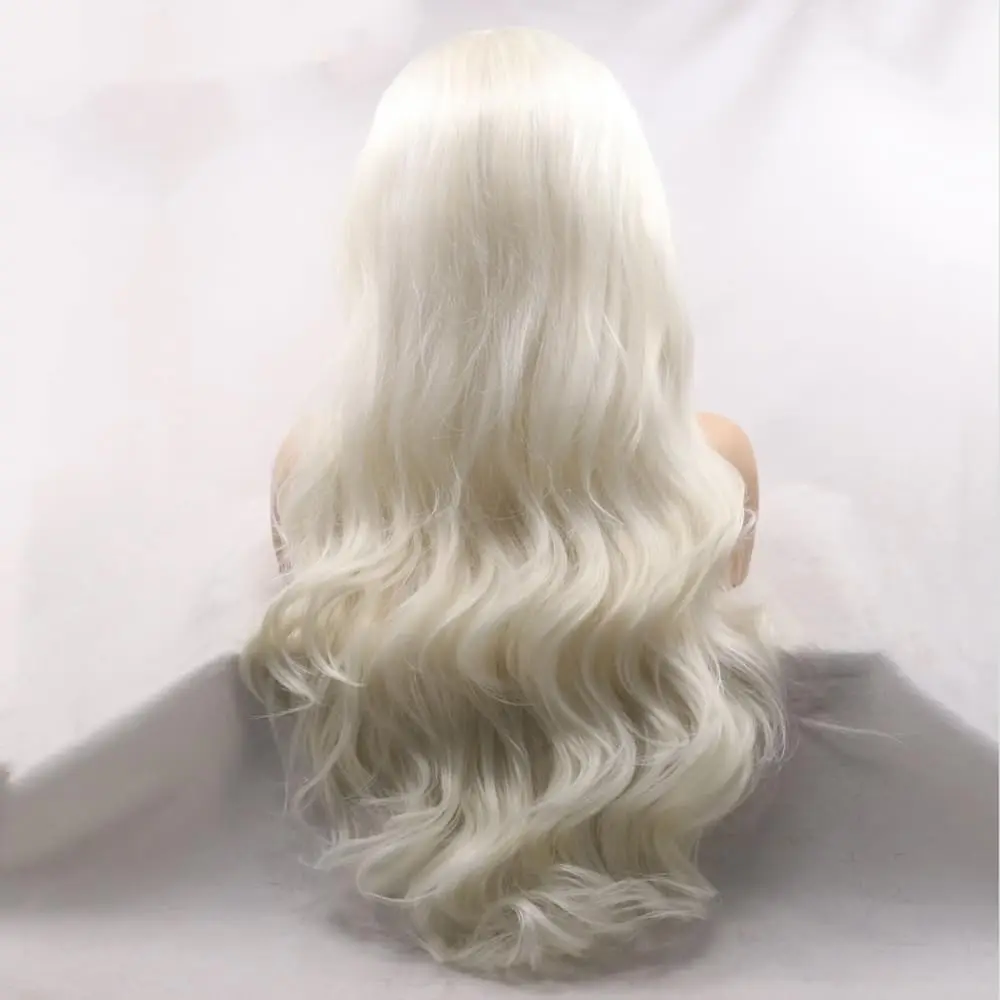 Фото Парик Sylvia Wigs Platinum White, 100% ручной работы, с кружевной передней частью, модель 1001 #   Длинные волнистые термостойкие пряди из синтетического волокна с естественной линией роста волос для женщин №1