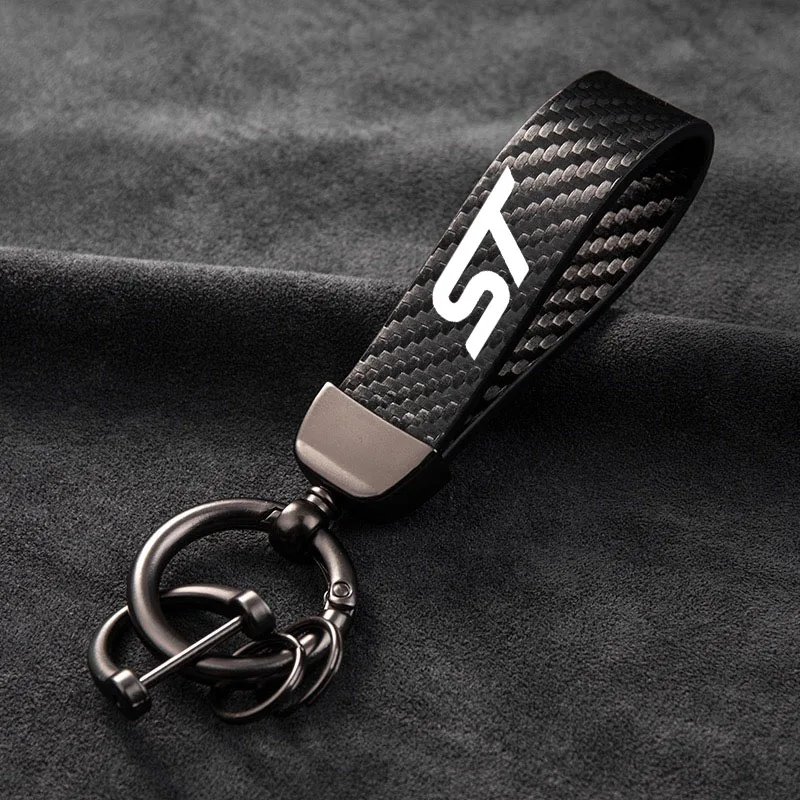 

For ST Logo Ford FOCUS Mondeo Fiesta Kuga MK2 MK3 Car Carbon fiber Leather Car KeyChain 360 Degree Rotating Horseshoe Key Rings