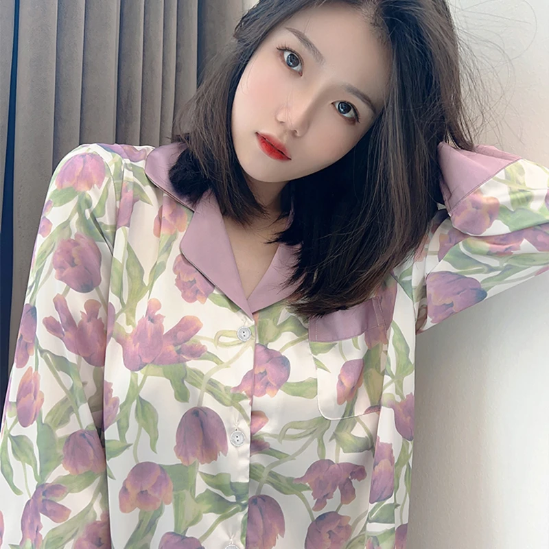 Spring and autumn simulation silk ice silk pajamas ladies tulip long-sleeved cardigan spring and summer home wear set