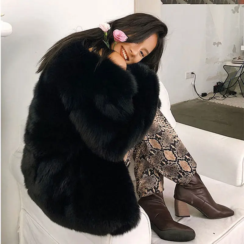 Women's Leather Fur Coat Fox Fur Fur Coat Women's Mid-Length Fur Coat Black Furry Coat Faux Fur Coat