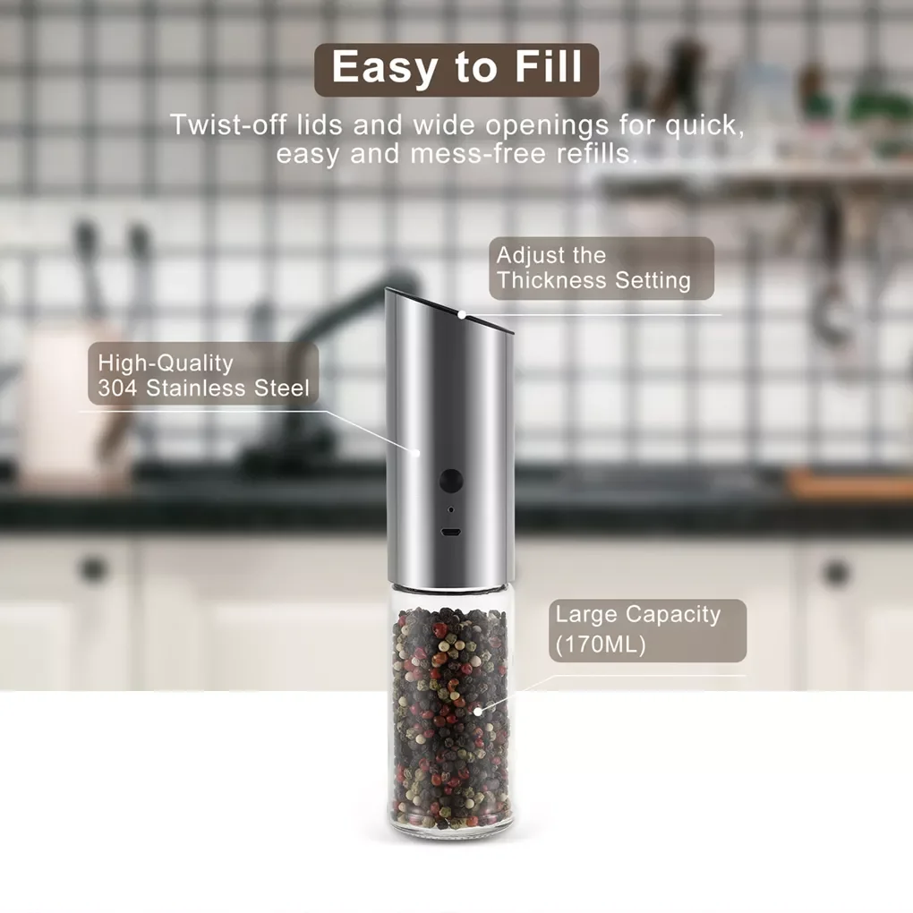 

Electric Automatic Salt Pepper Grinder Rechargeable Stainless Steel Handheld Mill Grinding Machine for Herb Spice