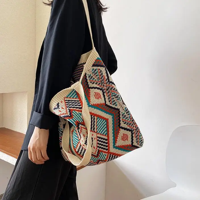 Lady Knitting Gypsy Bohemian Boho Chic Aztec Tote Bag Women Crochet Woolen Open Shopper Top-handle Bag 2021Female Daily Handbag