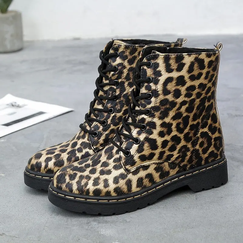 

Осенне-зимняя женская обувь, коричневые леопардовые женские ботинки, модные мотоциклетные женские ботильоны на толстой подошве, модные бот...