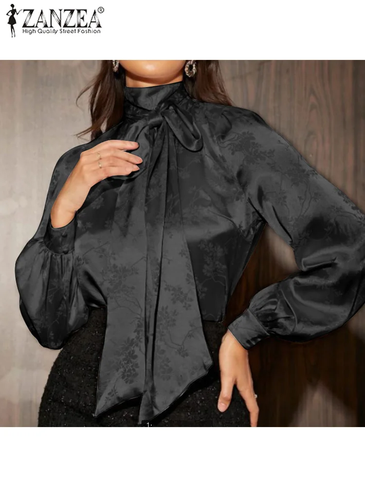 

Spring Party Puff Sleeve Blusas Women Elegant Satin Blouse 2022 ZANZEA Fashion Printed Tops Lady OL Holiday Bow Shirts Oversized