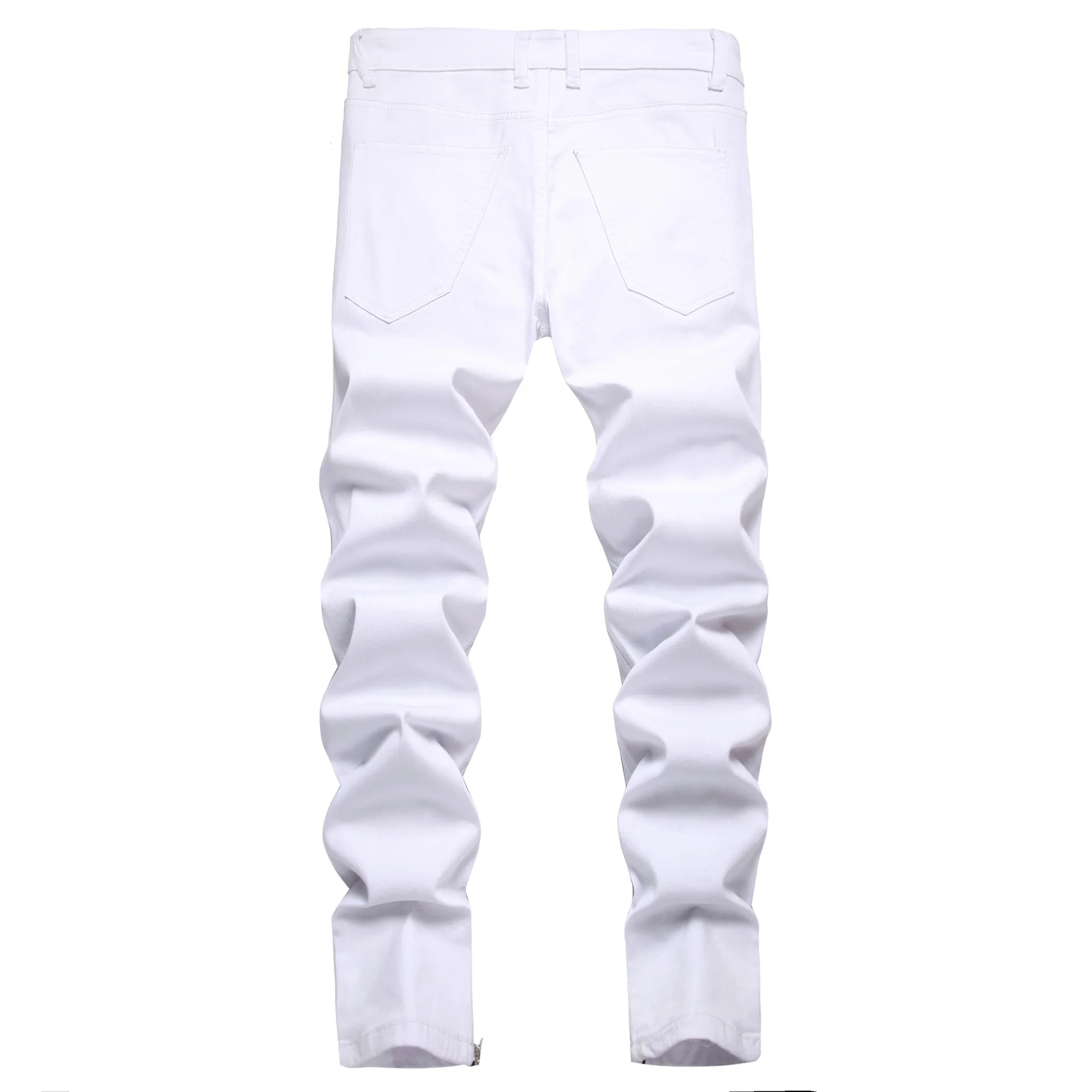 Fashion Mens White Stretch Jeans Trousers Men Zipper Decoration Casual Biker Slim Denim Pants Button Fly Placket Jeans for Men