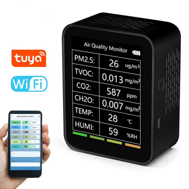 

Tuya WiFi 6 In 1 Carbon Dioxide Detector Indoor Air Quality Monitor CO2 CH2O TVOC PM2.5 Temperature Humidity Sensor Tester