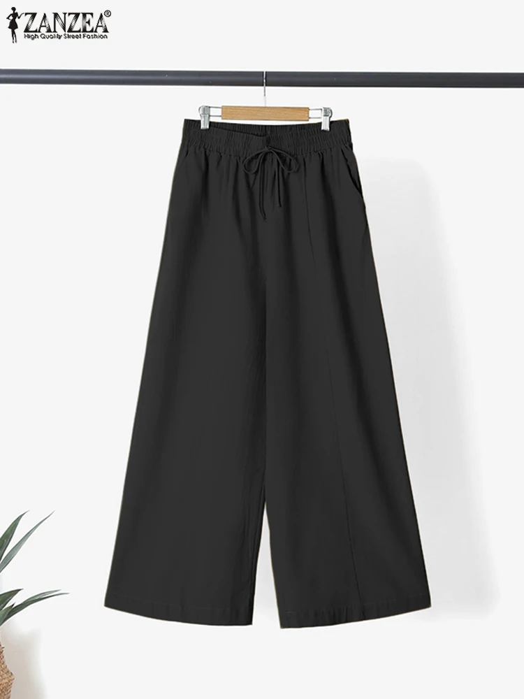 

Wide Leg Pants Pantalon Holiday Loose Oversized Bohemian Elastic Casual Elegant Palazzo ZANZEA Women Spring Solid Side Pockets