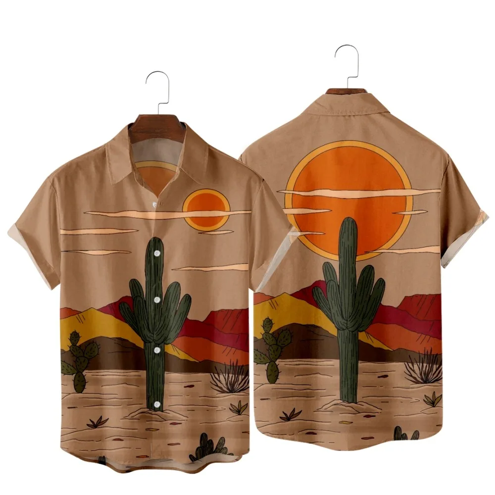 

2022 Cactus Desert Landscape Vintage Print Shirt, Fashion Casual Vacation Hawaiian Beach, Summer Pocket Shirts for Men and Women