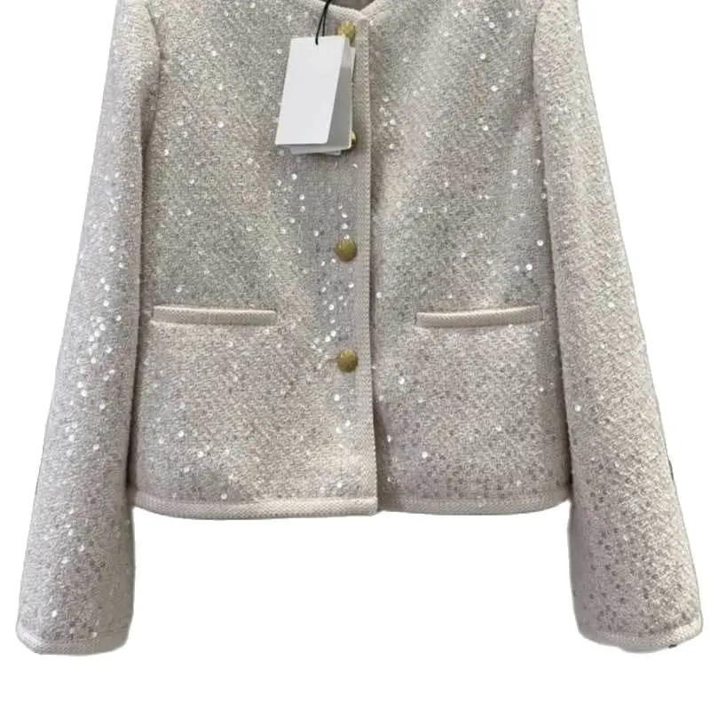 

23Early Autumn New Sequin Bling Coat Fashion Gold Single Breasted O Collar Shoulder Pad Jacket Simple Women Long Sleeve Clothes