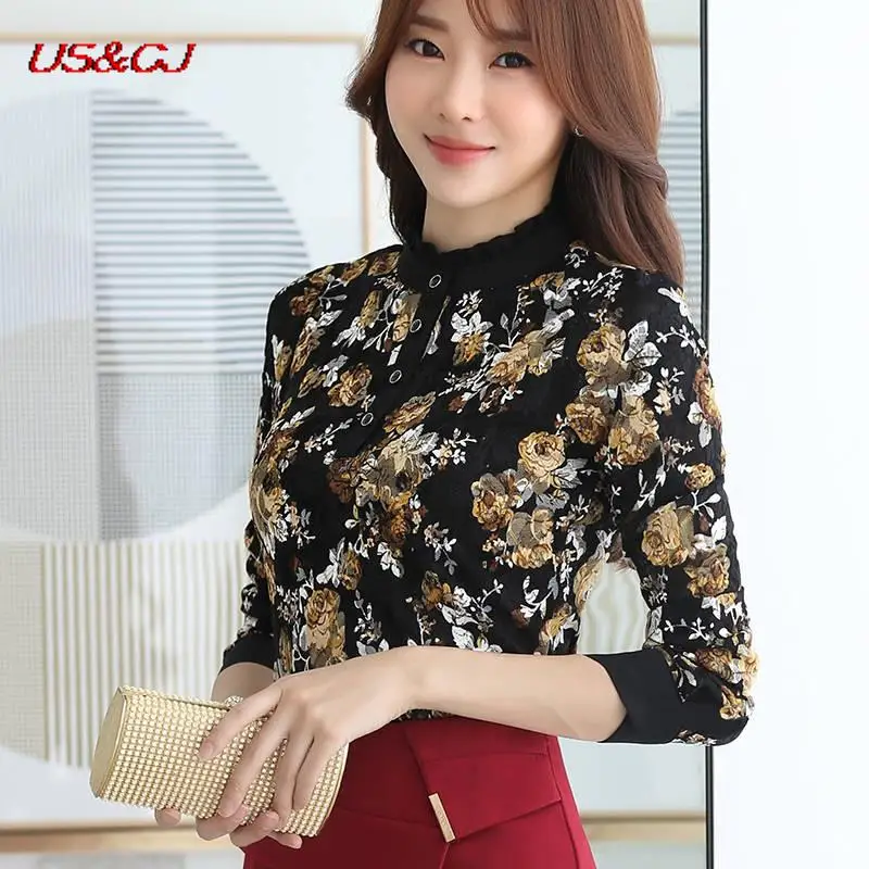 

2021 Fashion New Plush / Thin Spring And Autumn Large Shirt Printed Top Thin Shirt Hollowed Out Long Sleeve Bottoming Shirt