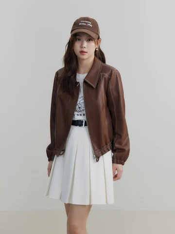 Женские короткие куртки DUSHU из искусственной кожи, дизайнерские ретро коричневые куртки поло с контрастной линией шеи, куртка с кулиской на подоле 24DS81258