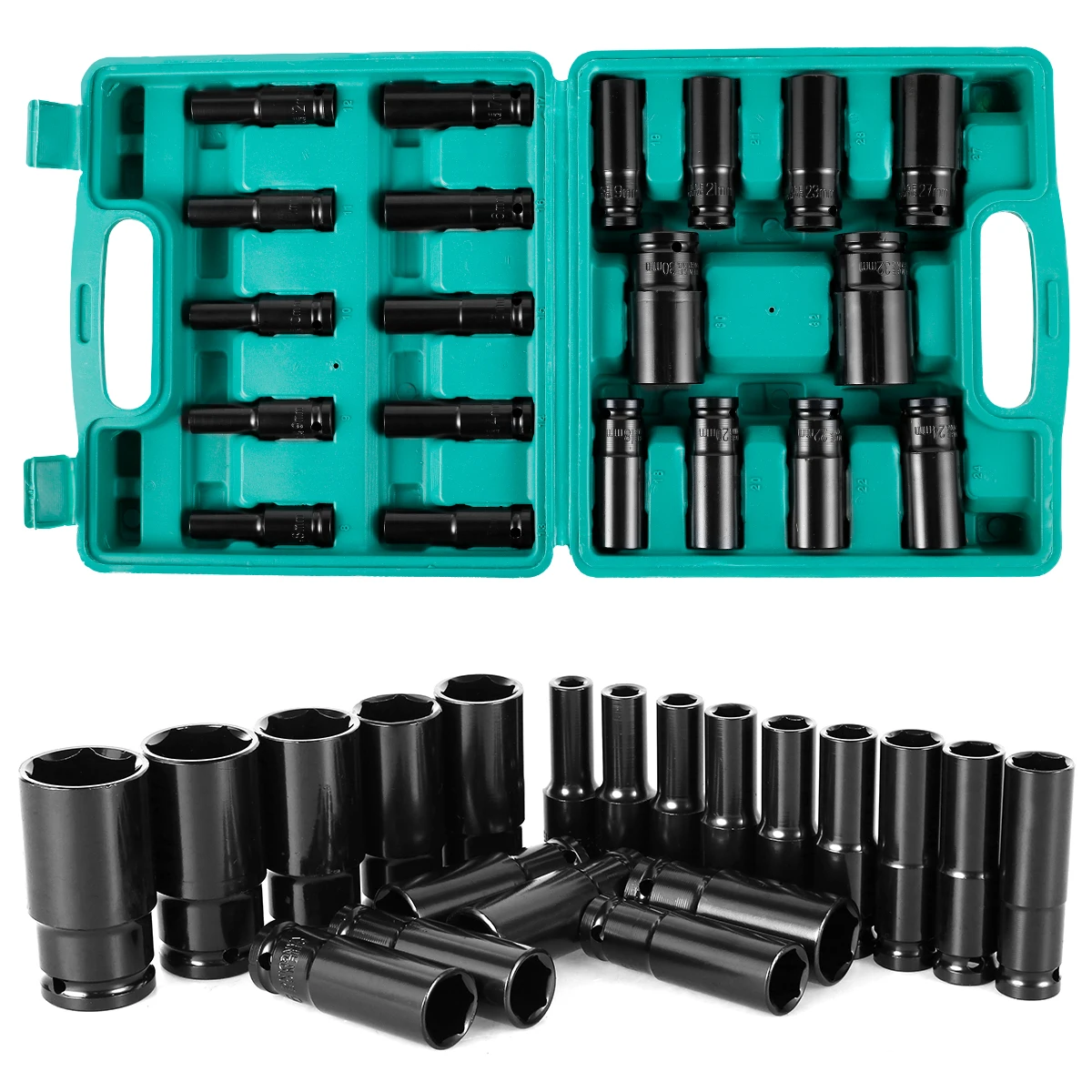 

20Pcs 1/2" Drive Metric Impact Socket Set Universal 8-32mm Socket Metric Drive Deep Socket Wrench For Air Pneumatic Repair Tools