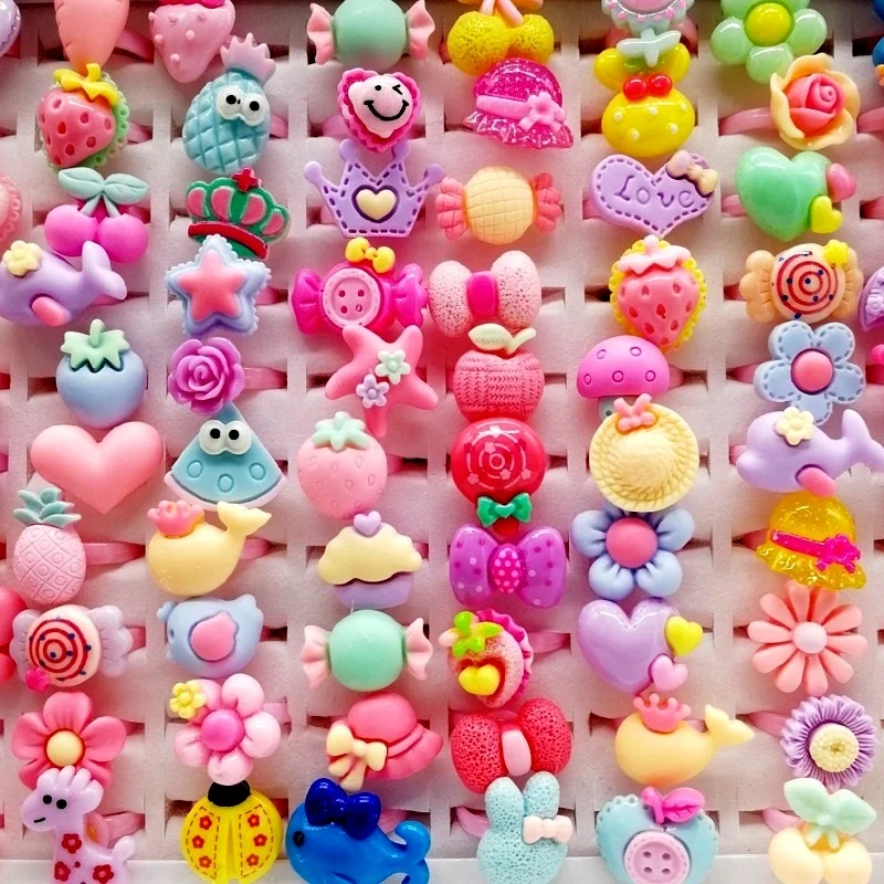 

Lovely 30/50/60Pcs/Lot Children's Cartoon Rings Opening Jelly Color Finger Ring Kid Baby Girl Resin Jewelry Charm Gift Wholesale