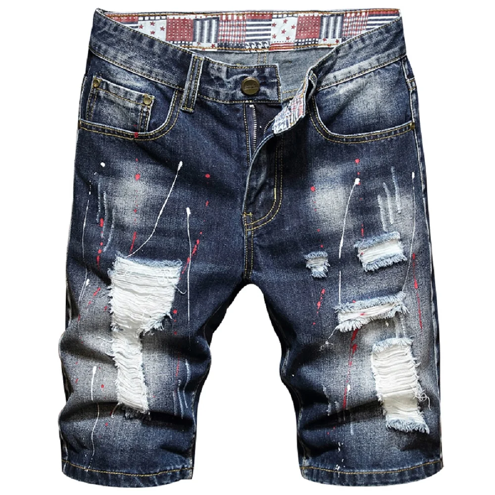 Men's Classic Split Short Jeans Summer Fashion Cotton Shorts Breathable Perforated Denim Shorts New Men's Clothing