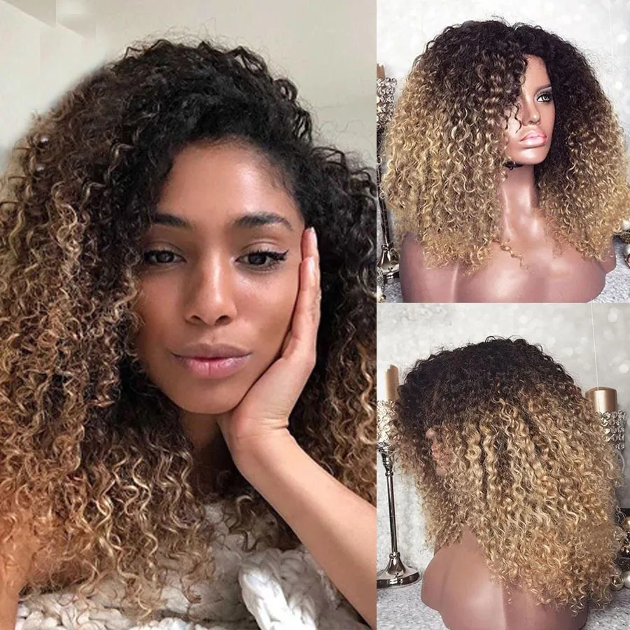 

Ombre Honey Blonde Kinky Curly 360 Transparent HD Lace 13x6 Front Wig Natural Hairline Bouncy Curl Full Lace Human Hair Headband