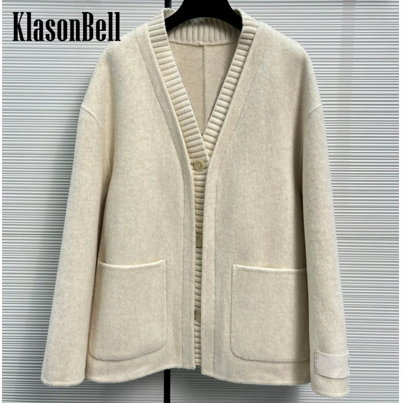 

10.28 KlasonBell Classic Fashion Knit V-Neck Spliced Double-Sided Wool Poacket Decoration Loose Coat Women's