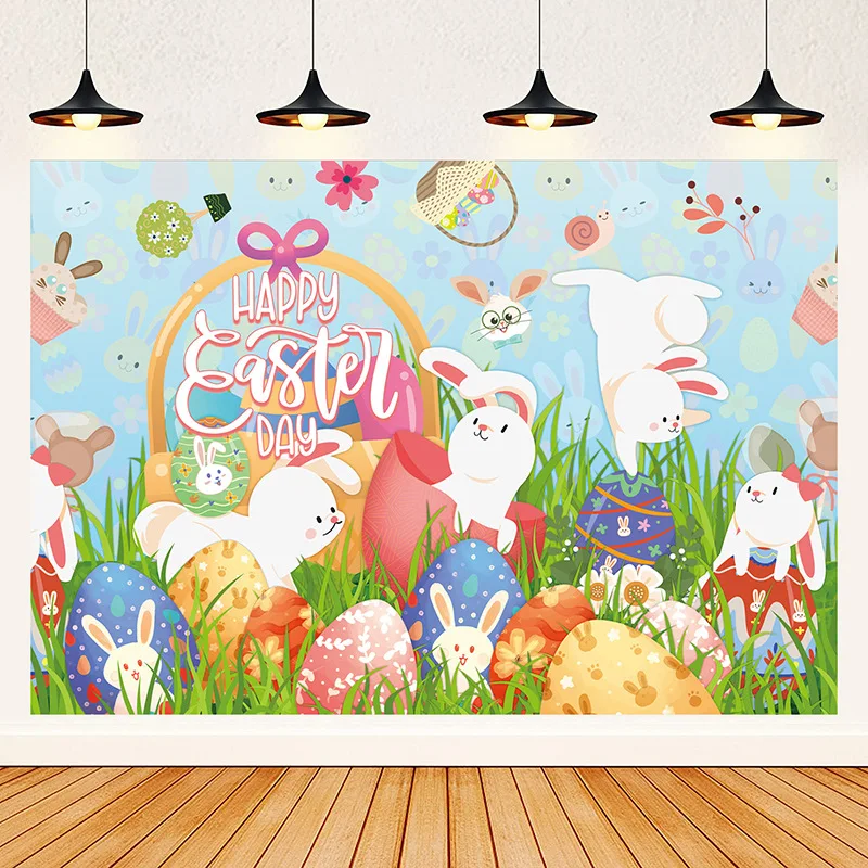 

Easter Rabbit Photography Backgrounds Wooden Board Wall Green Grass Flowers Easter Eggs Children Portrait Photo Backdrops Props