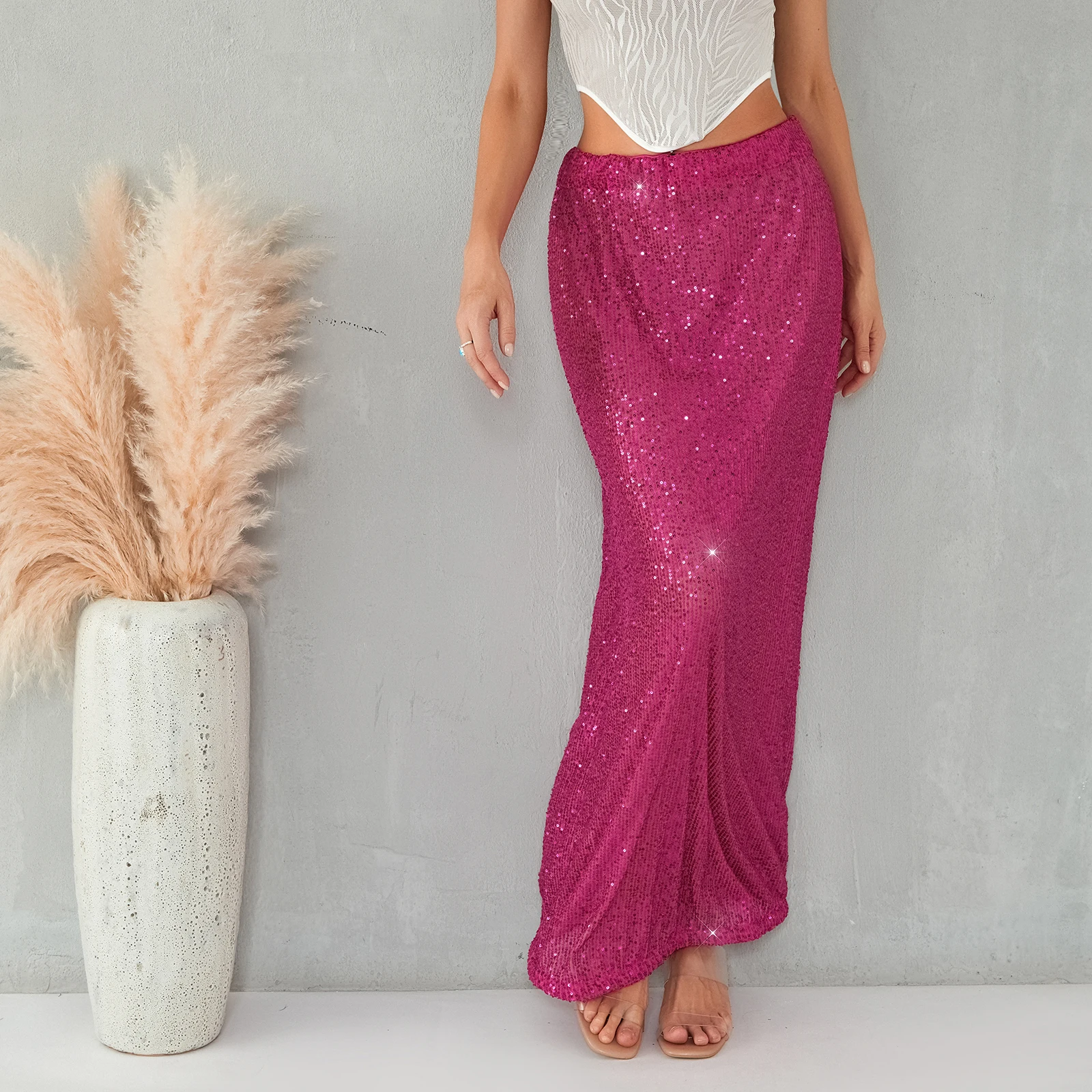 Женская юбка с блестками Элегантная черная трапециевидной формы высокой талией