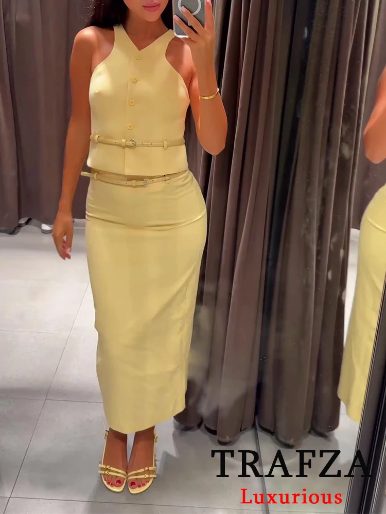 Trafza Женский Винтажный Однотонный Костюм С Поясом Однобортный Топ Бретелькой На