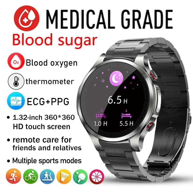 

Новинка 2023, неинвазивные Смарт-часы с ЭКГ + ППГ для измерения уровня сахара в крови, мужские Смарт-часы с монитором здоровья, пульсометром и тонометром, спортивные Смарт-часы для мужчин