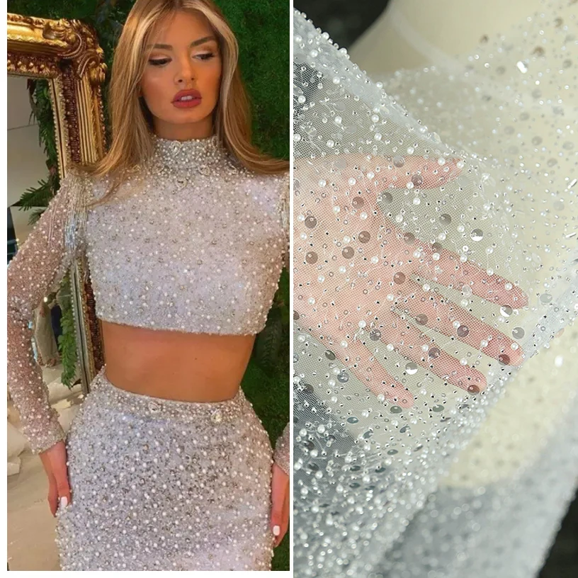 Белые Блестки из бисера жемчужная вышитая кружевная ткань для вечернего