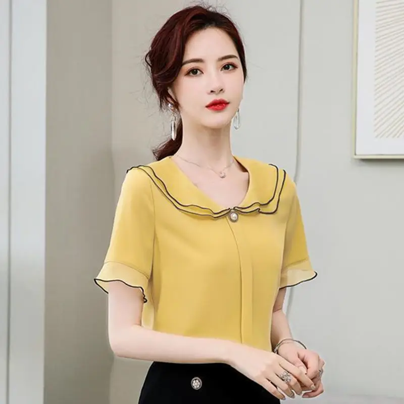 

Female T-shirt Korean New Doll Collar Ruffles Solid Color Short Sleeve Loose Chiffon Bottoming Shirt Summer Clothes for Women