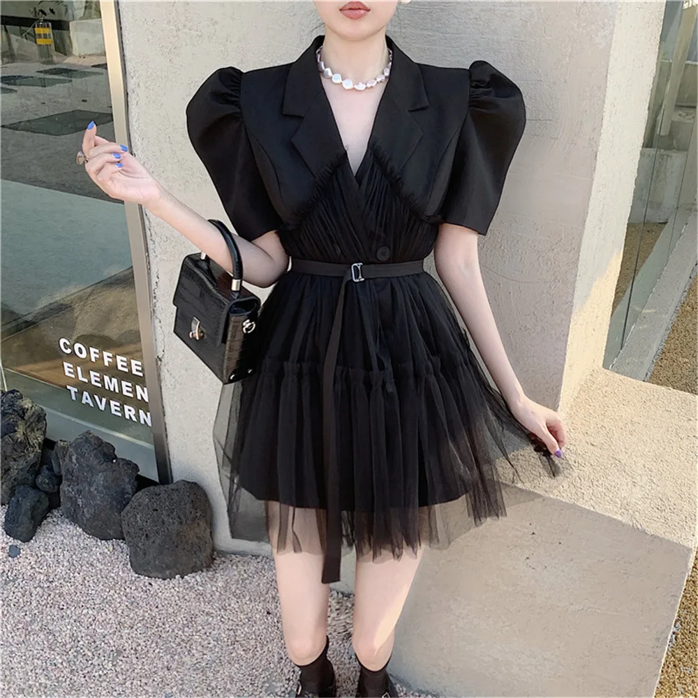 

Женское Сетчатое платье с юбкой, готическое приталенное платье с пышными рукавами и поясом, платье с коротким рукавом, лето 2022