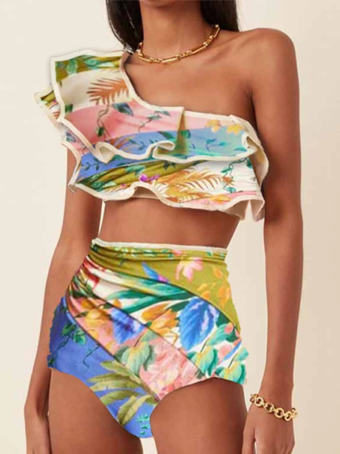 

Fashion Ruffled Women's Swimsuit One-Shoulder Floral Printed Bikini Set Striped High Waisted Swimwear Summer Backless Beachwear