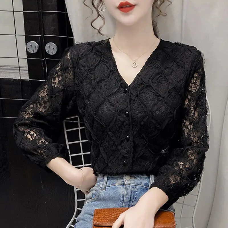 

New Lace Korean Shirts Chic Office Lady Women Spring Autumn Clothing With Button V-neck Shirt Solid Sweet Lace Top Blouse