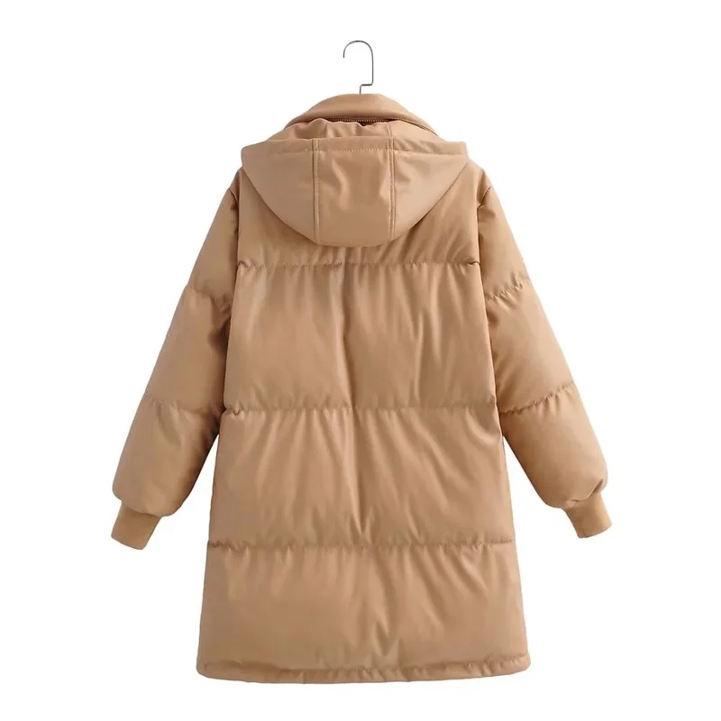 Ladies Thicken Fashion Hooded Leather Coat 2022 Winter New Fashion Hooded Warm Zipper Single Breasted PU Leather Mid-length Coat