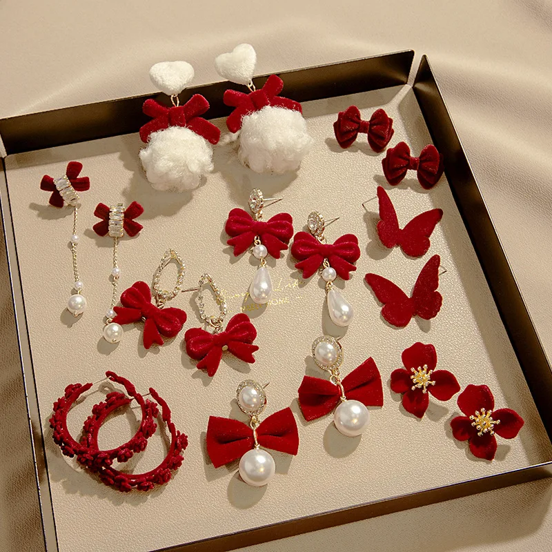 

Hot New Silver Needle 2023 Wine Red Flocked Earrings Red Bowknot Rose New Year Spring Festival Chinese Style Christmas Earrings