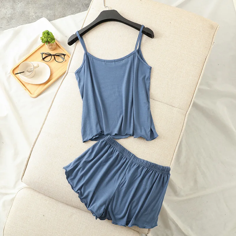 

Summer Sexy Strap Sleeveless Women Pajamas Women Two-piece Pijamas Modal Shorts Solid Cool Female Homewear Lingerie Pajama Sets
