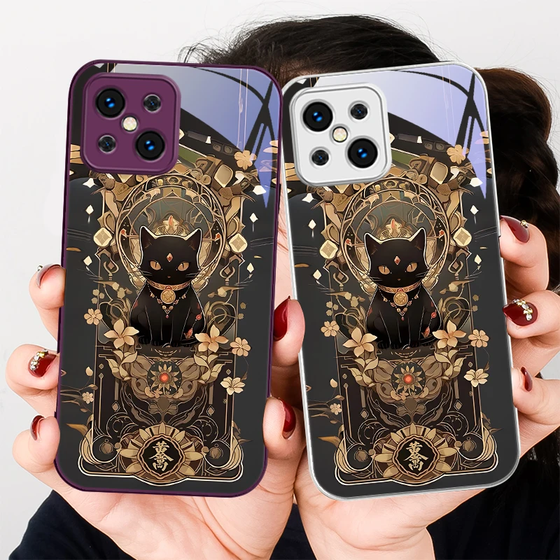 Lucky Black Cat Colorful For Find X5 X3 Lite Reno 6 4Z 5G OPPO A72 79 73 58 A54S OnePlus Nord N200 Tempered glass phone case