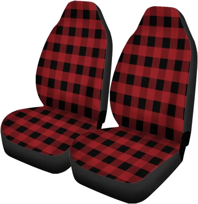

Set of 2 Car Seat Covers Red Pattern Flannel Plaid Tartan Black Buffalo Casual Universal Auto Front Seats Protector Fits for Car