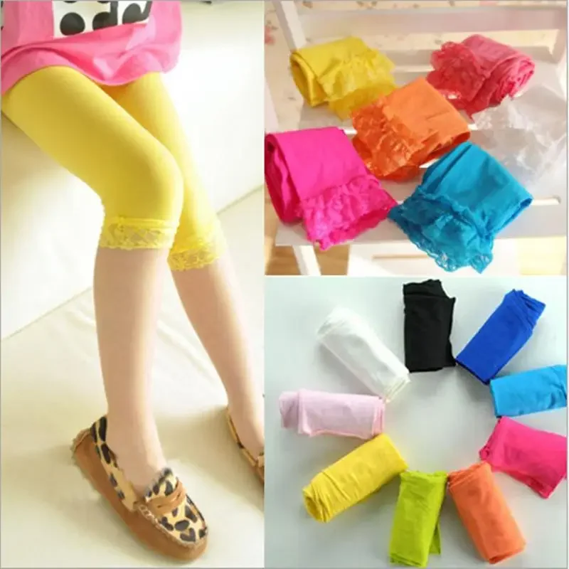 

5pcs/Lot Spring Summer New Candy Color Lace Hook Children Pantyhose At Five To Seven Points Leggings Girls