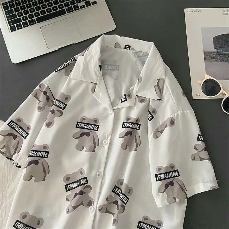 

Japanese Cartoon Print Camisas Mujer Short Sleeve Button Up Shirt Women Casual Shirt Beach Style Summer Shirt Top 2022
