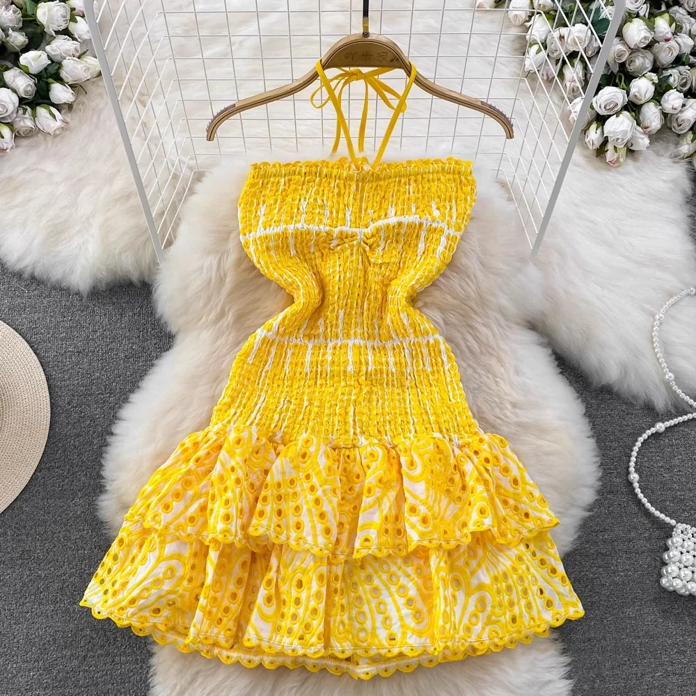 

Французское летнее желтое Хлопковое платье-мини с вышивкой, пикантное женское платье с лямкой на шее, оборками, без рукавов, с открытой спиной, праздничное платье