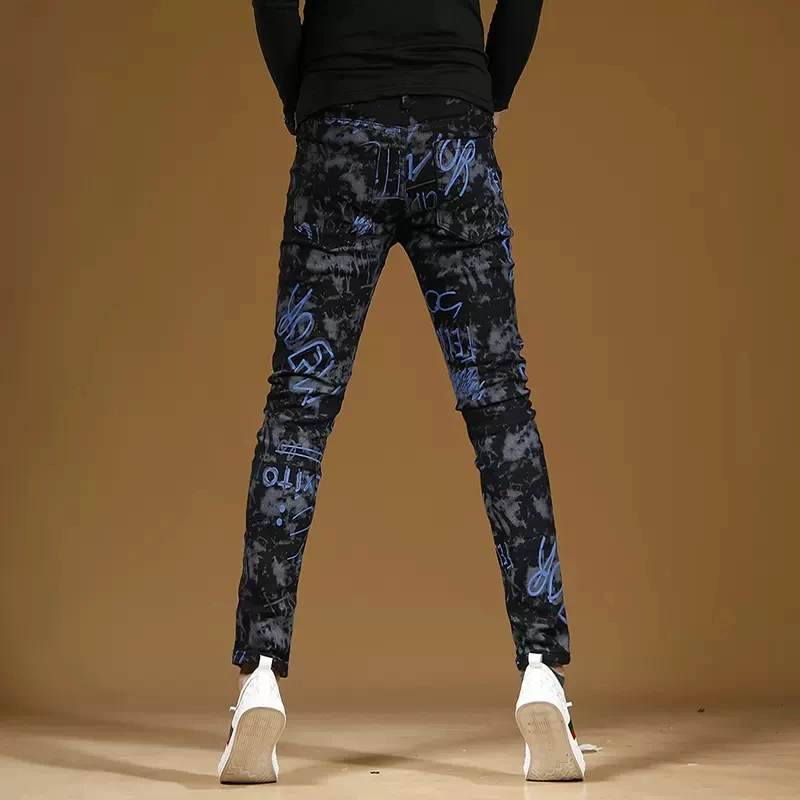 Autumn Men Black Printed Jeans Fashion Slim Fit Straight Pants Streetwear Casual Camouflage Denim Trousers