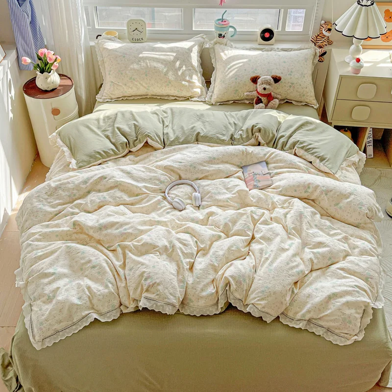 

INS Princess Комплект постельного белья 이불세트 2025 Новая мягкая морщинистая двухслойная кровать Простыня Twin Queen Size Пододеяльник Наволочка Постельное белье