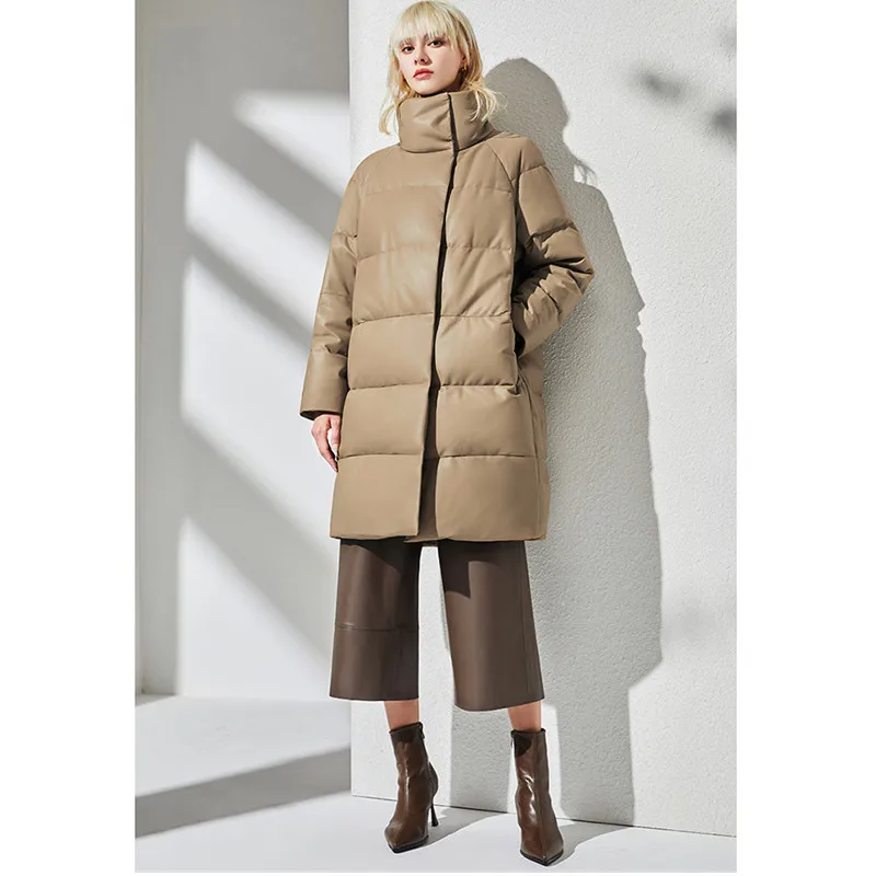 Женский кожаный пуховик воротник-стойка средней длины прямой натуральная овчина