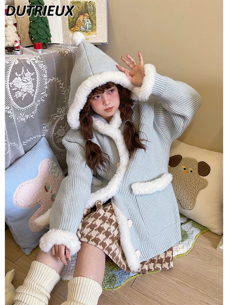 

Новый год 2023, красный свитер с капюшоном, осенне-зимний Кардиган, пальто, Модный женский Свитер оверсайз, милый женский вязаный кардиган