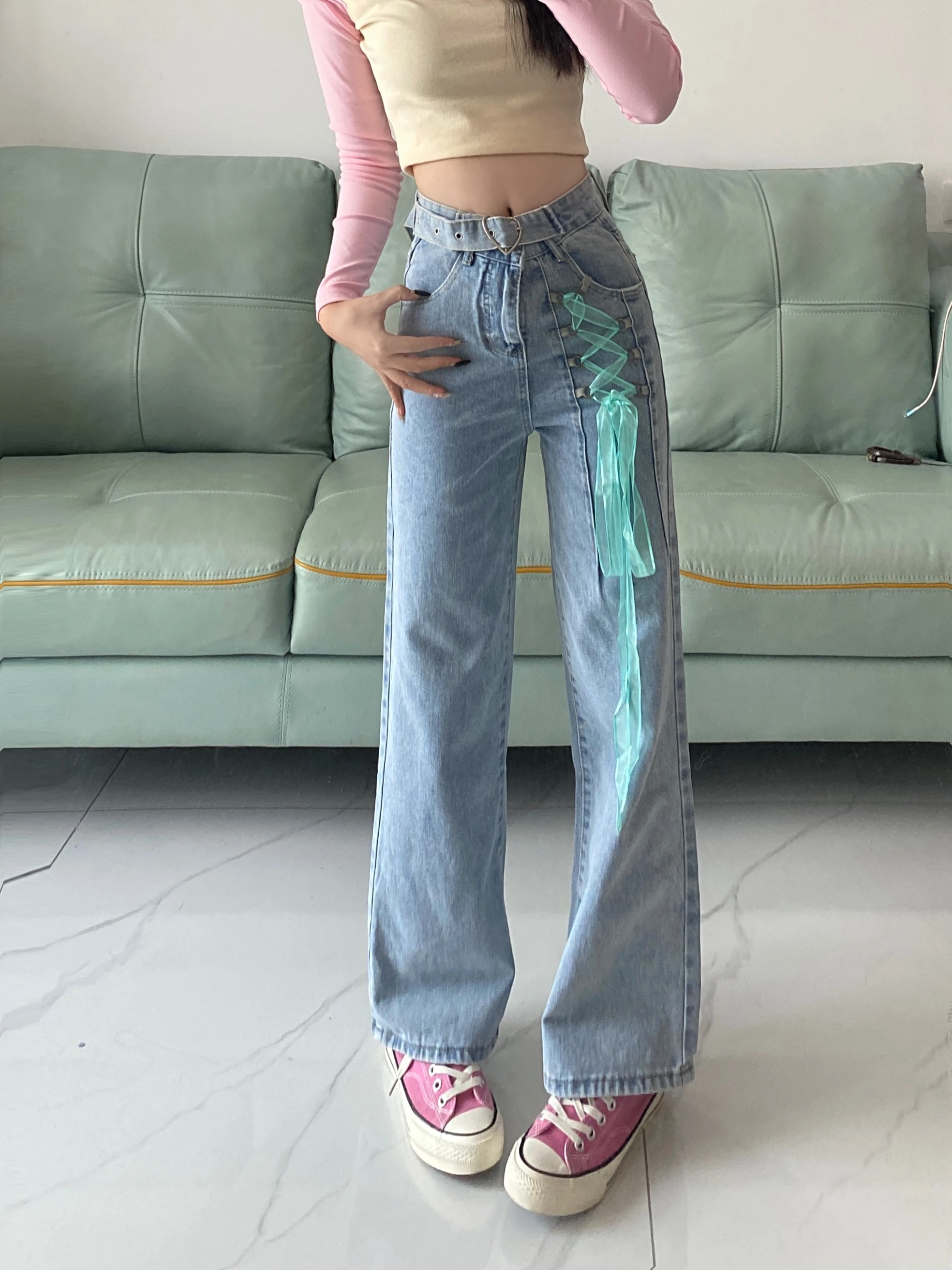 

High Waist Blue Womens Pants Lace Up New Japan Y2K Jeans Belted Girl's Bottoms