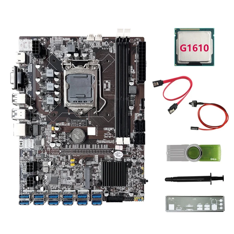 

B75 ETH Mining Motherboard 12USB3.0+G1610 CPU+64G USB Driver+SATA Cable+Switch Cable+Thermal Grease+Baffle For BTC Miner