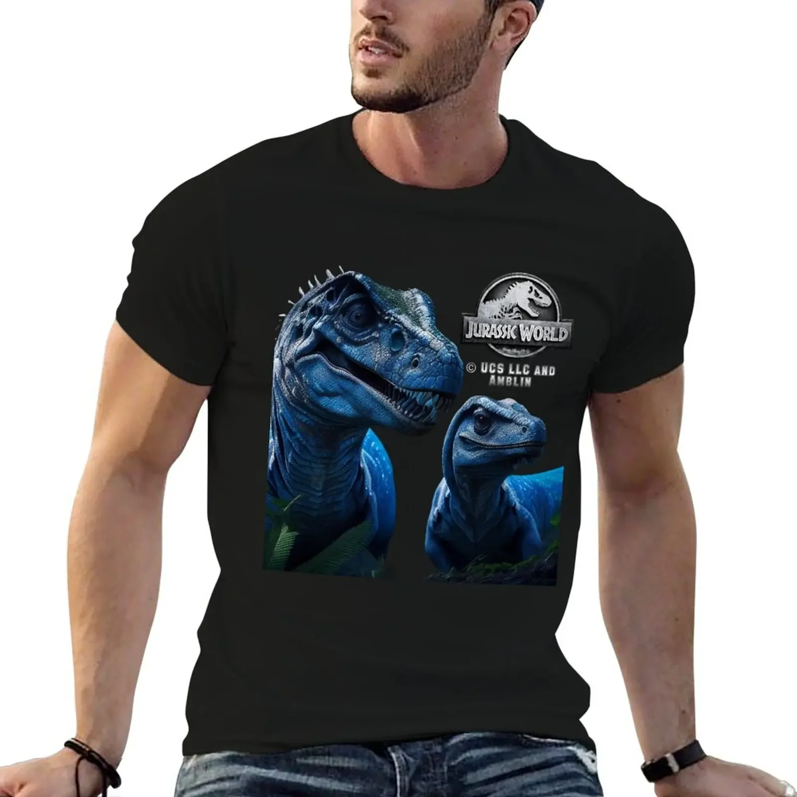 Синяя семейная футболка Мир Юрского периода Raptor свободная посадка корейское