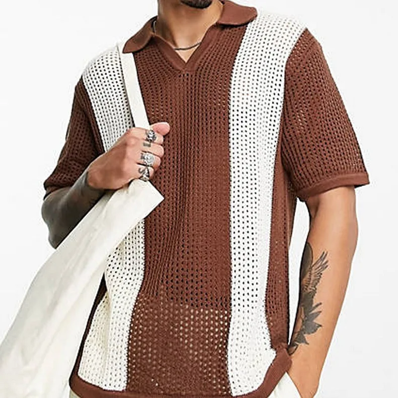 Международная торговля мужской летний тонкий вырез лоскутный цветной вязаный