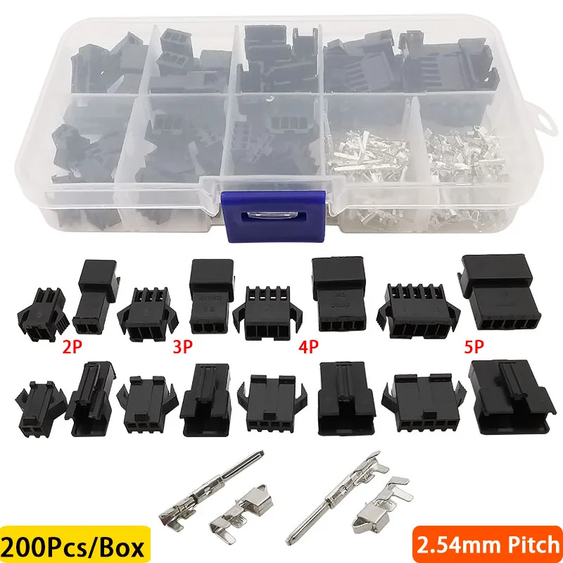 

200Pcs/Box 2.54mm Pitch JST SM/Dupont Jumper Wire Connector Kit 2/3/4/5Pin Male/Female Housing Pin Header Crimp Terminal Adapter