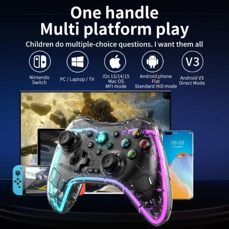 

Game Controller For Android PC Switch PS3 PS4 Bluetooth Game Handle RGB Luminous Wireless Joystick Transparent Shell Gamepad