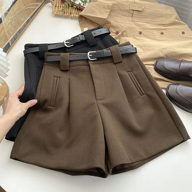 

Autumn Casual Shorts For Women Almighty Black Belt Zipper High Waist Wide Leg Femme Short Pants Korean Fashion Pockets Pantskirt