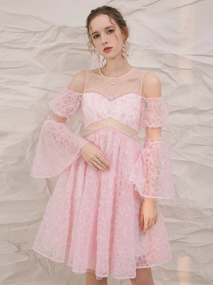 YIGELILA Fashion Chic Women Pink Lace Dress Elegant Flare Sleeve Hollow Out Dress Empire Slim A-line Dress Knee-length 67273
